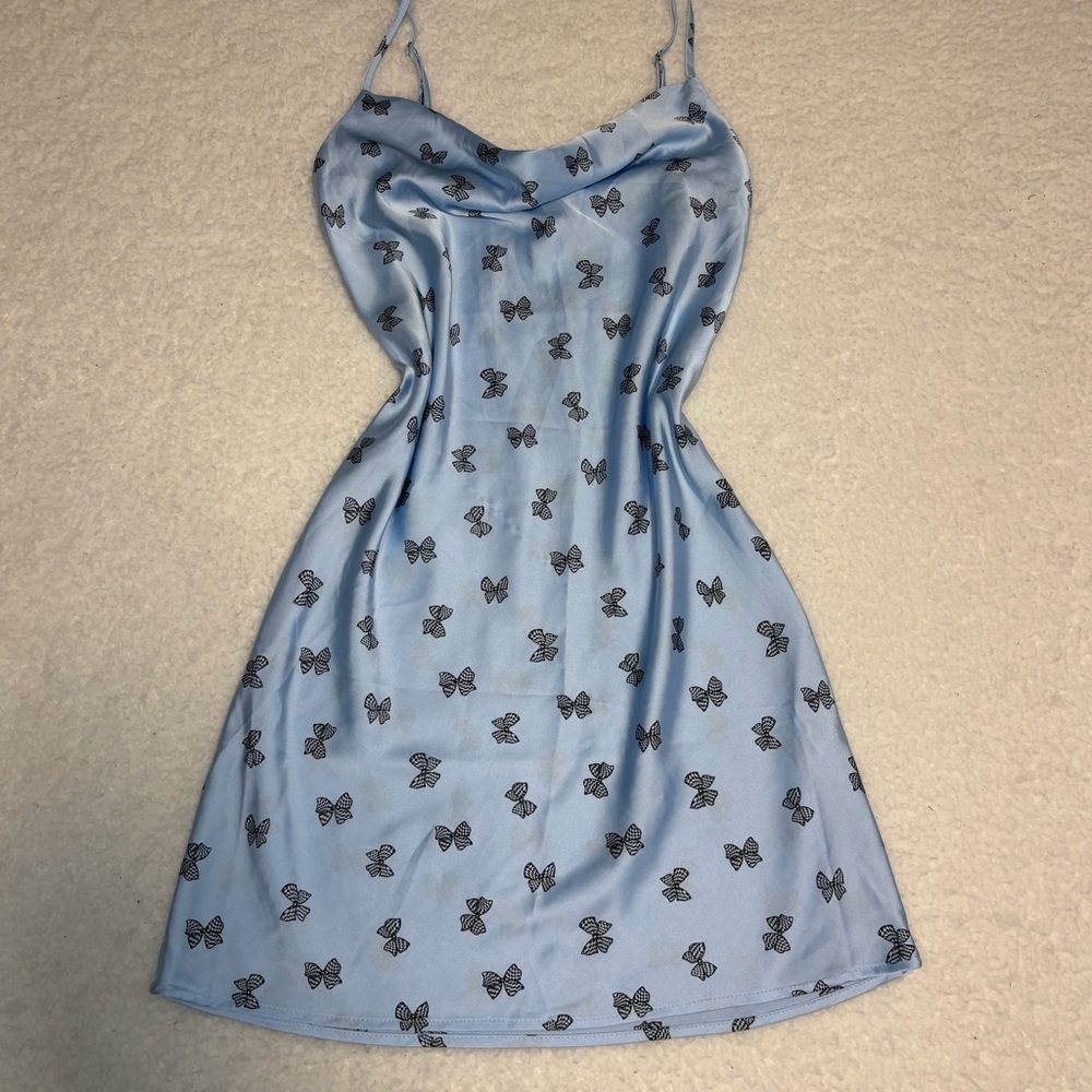 Forever 21 Women Blue Bow Print Satin Slip Mini Dress - Picture 1 of 11